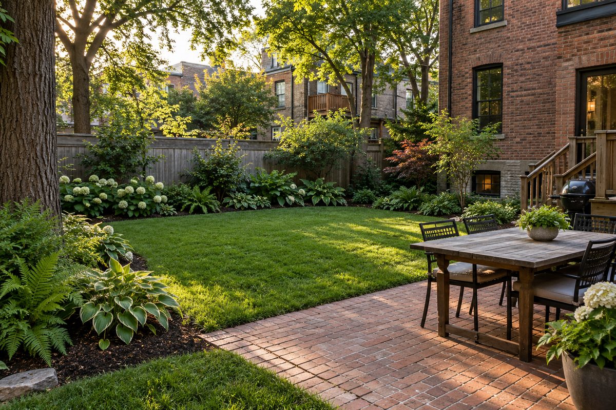 Finished residential backyard with neatly cut lawn, crisp border edging, and healthy perennials.